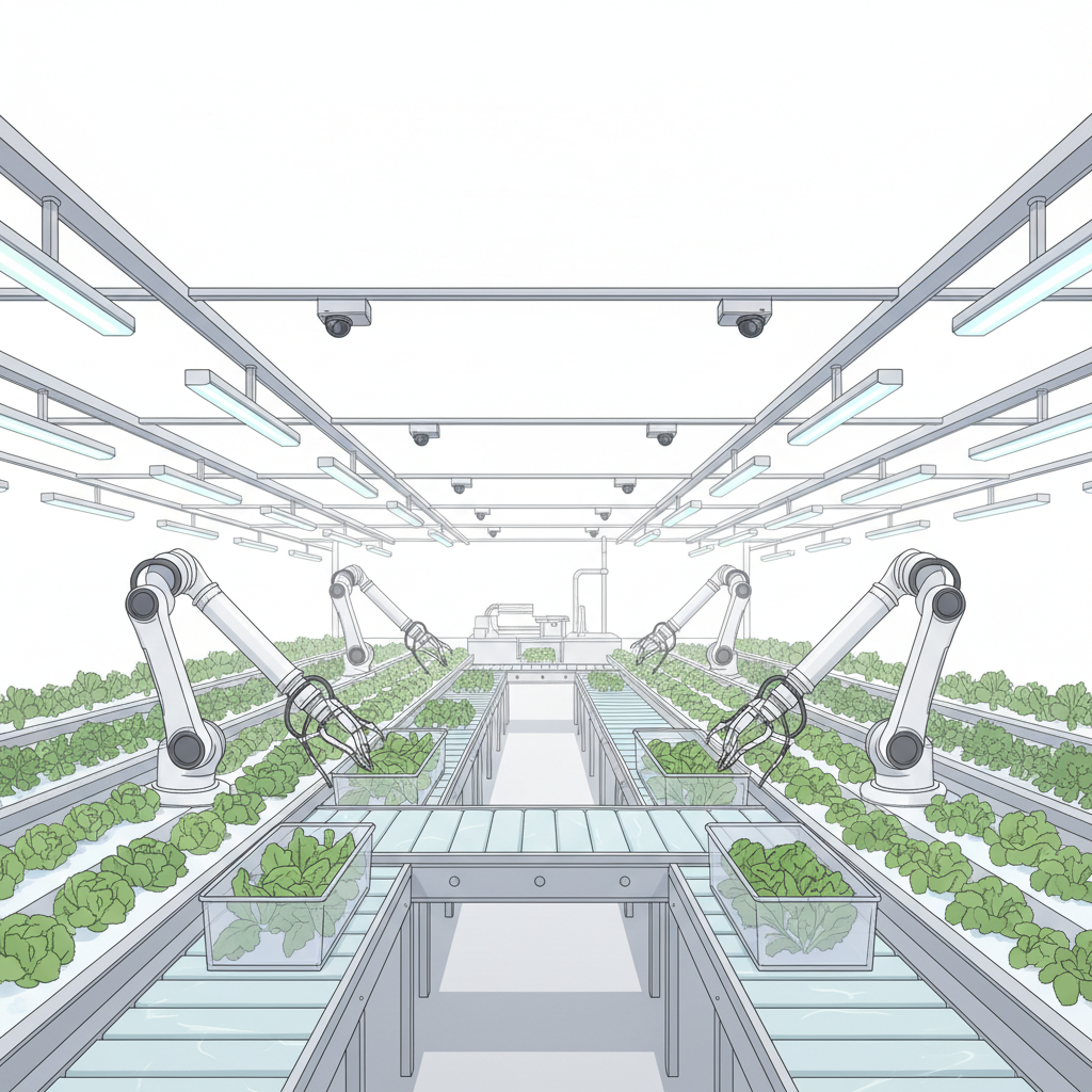 Interior greenhouse scene with robotic arms harvesting crops and conveyors sorting produce