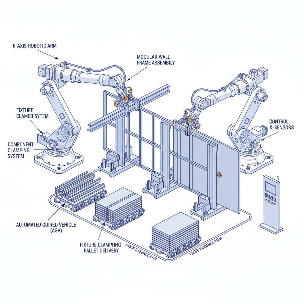 Robotic manufacturing cell assembling modular panels with AGVs delivering parts