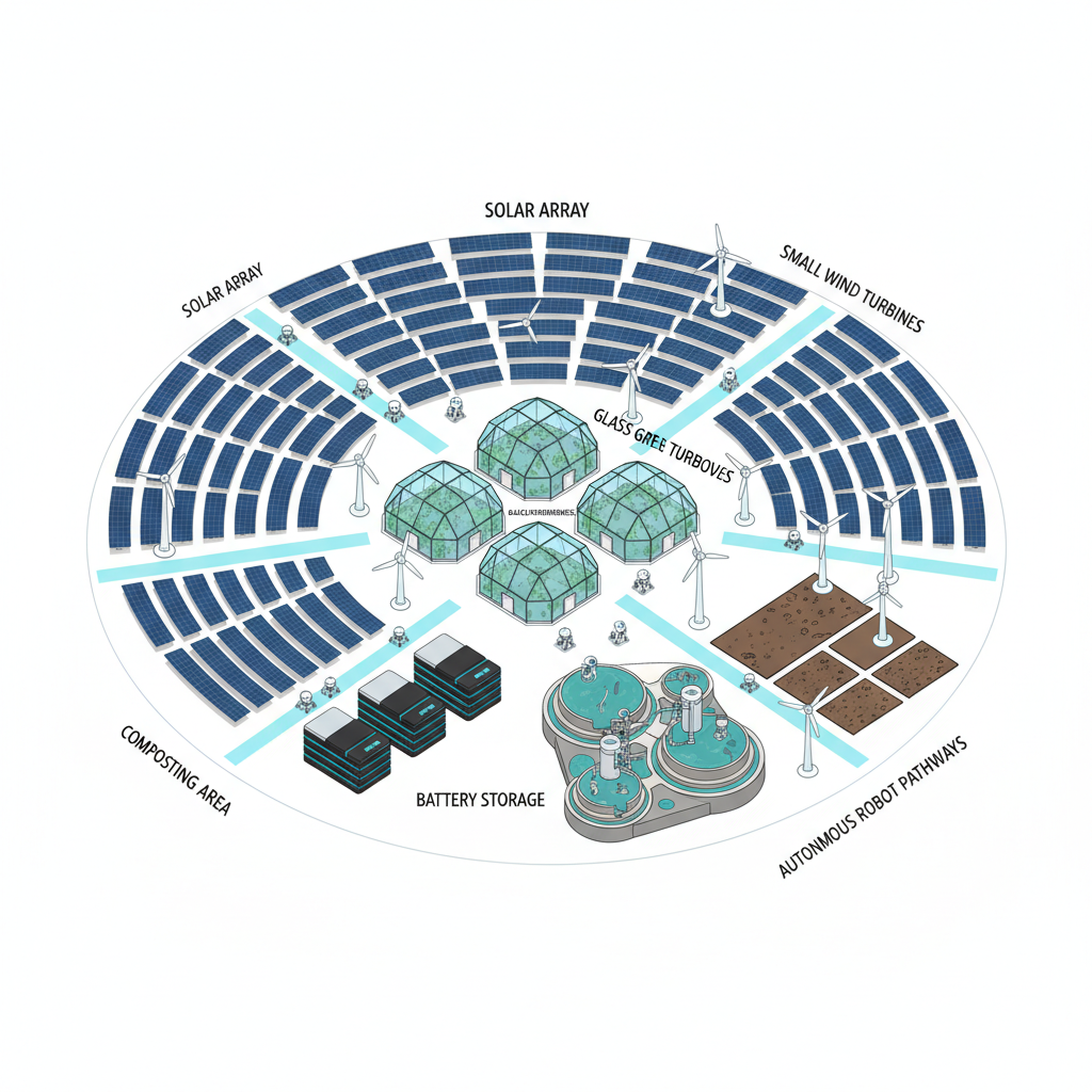 Isometric aerial plan showing a self-sufficient robotic village with greenhouses, solar fields, battery storage, water treatment, and robot paths
