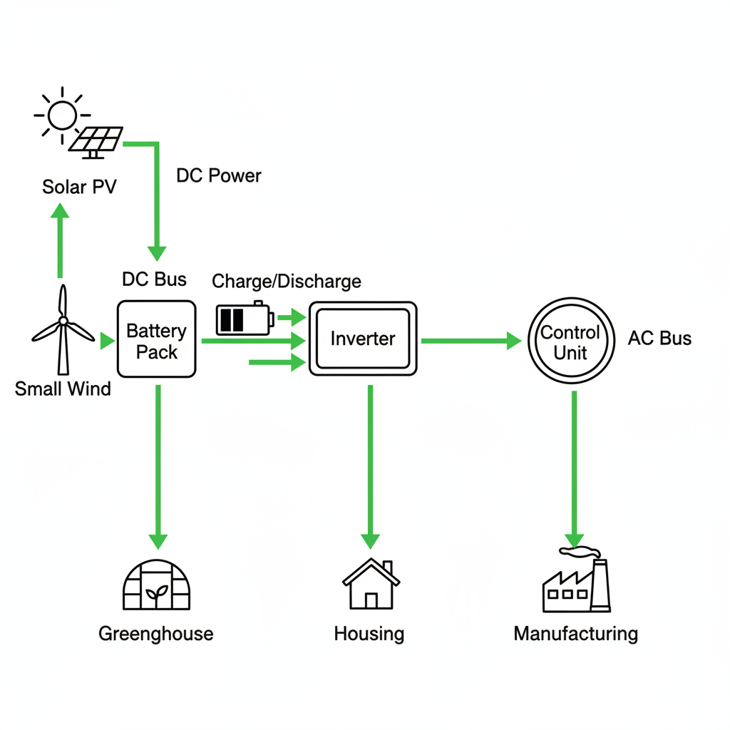 Clean microgrid schematic connecting solar, wind, batteries, and community loads with directional energy flows