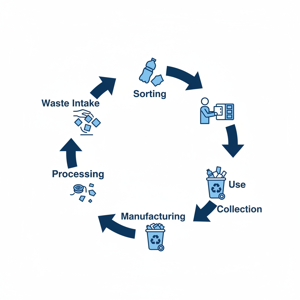 Circular flow diagram showing materials cycling from waste to sorting, processing, manufacturing, use, and back to recycling